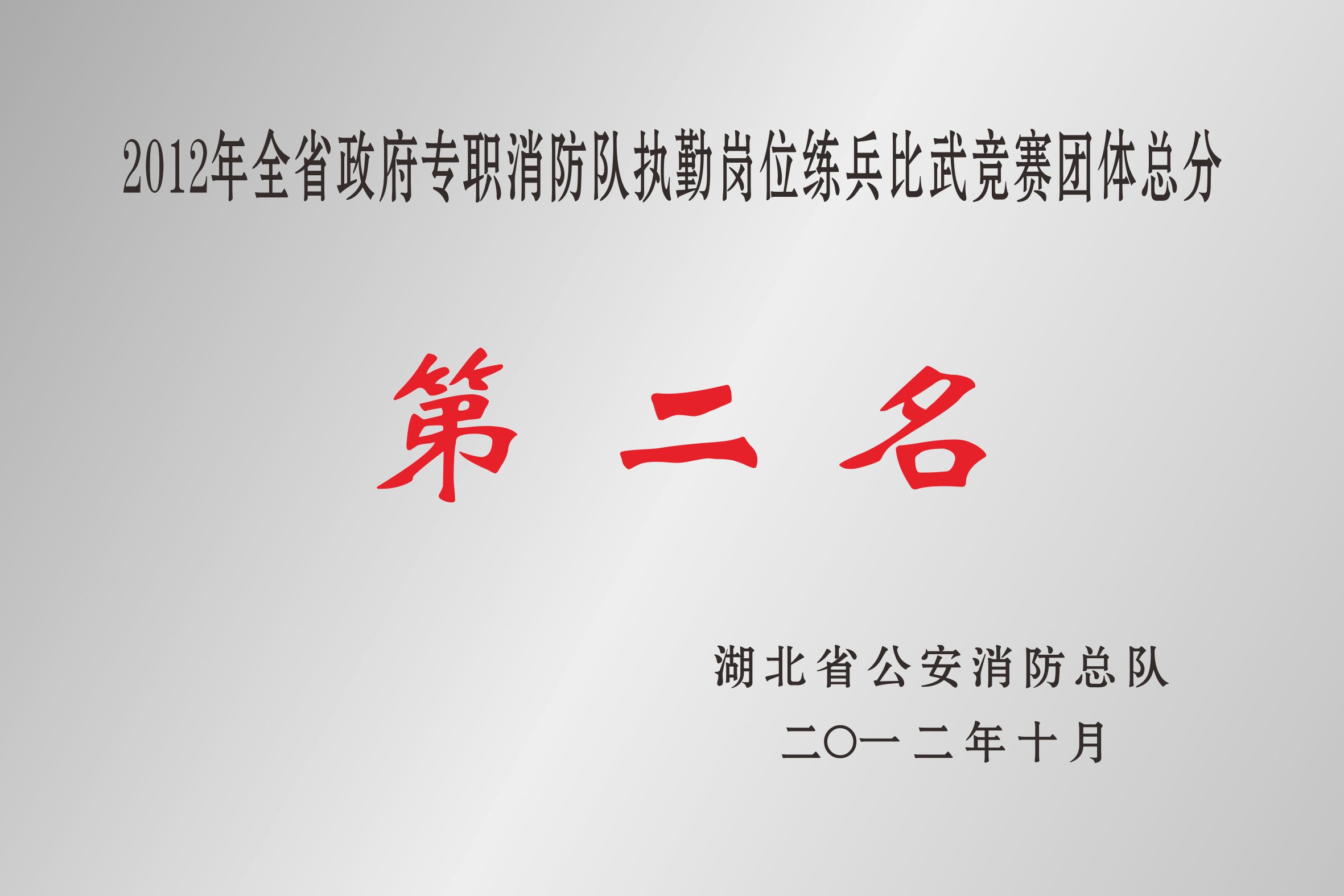 2012年全省政府专职消防队执勤岗位练兵比武竞赛团体总分第二名